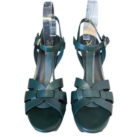Saint Laurent Tribute Dark Leaf Green Leather Platform High Heel Sandals EU 40 - Picture 1 of 11